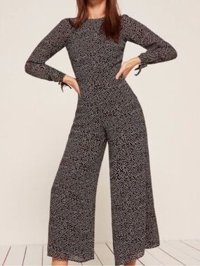 Reformation Black and White Floral Long Sleeve Jumpsuit Size2P